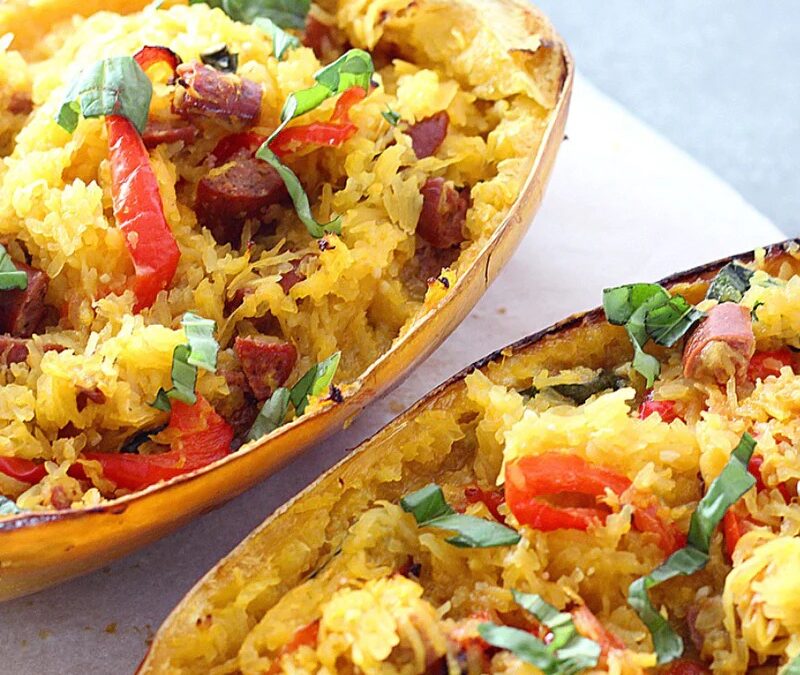 Creamy Red Pepper Spaghetti Squash Bake with Grass-Fed Beef Sausage