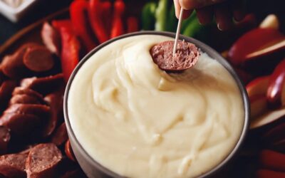 Gluten-free cheese fondue with grass-fed beef sausage & vegetable dippers