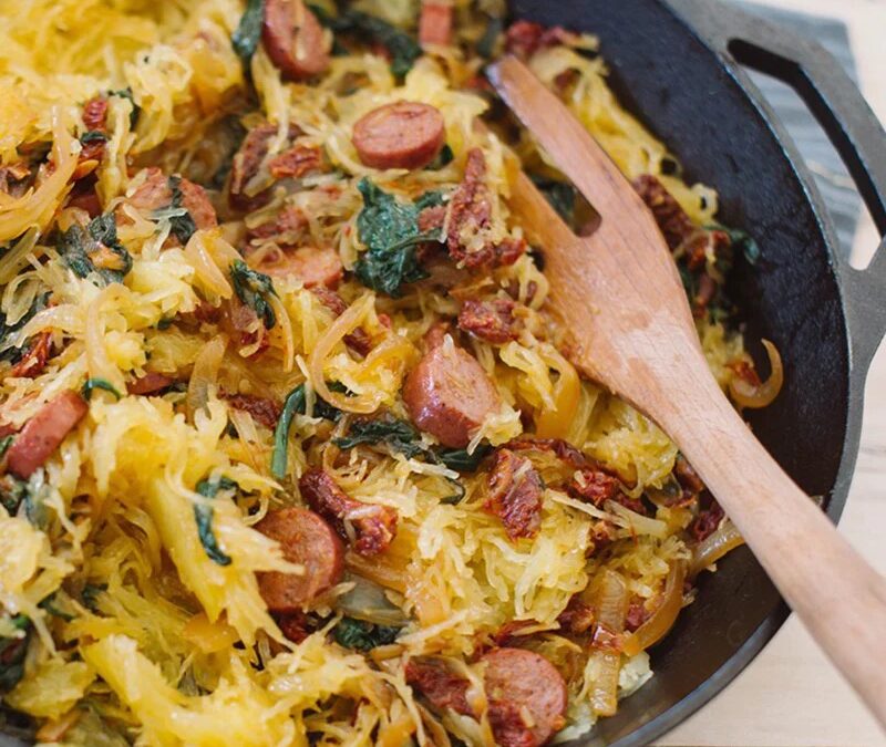 Spaghetti Squash with Grass-fed Beef Sausage, Sun Dried Tomato and Spinach