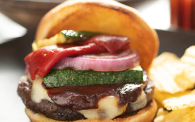 TWR Burger with Grilled Veggie Stack and Chunky Pesto Tapenade