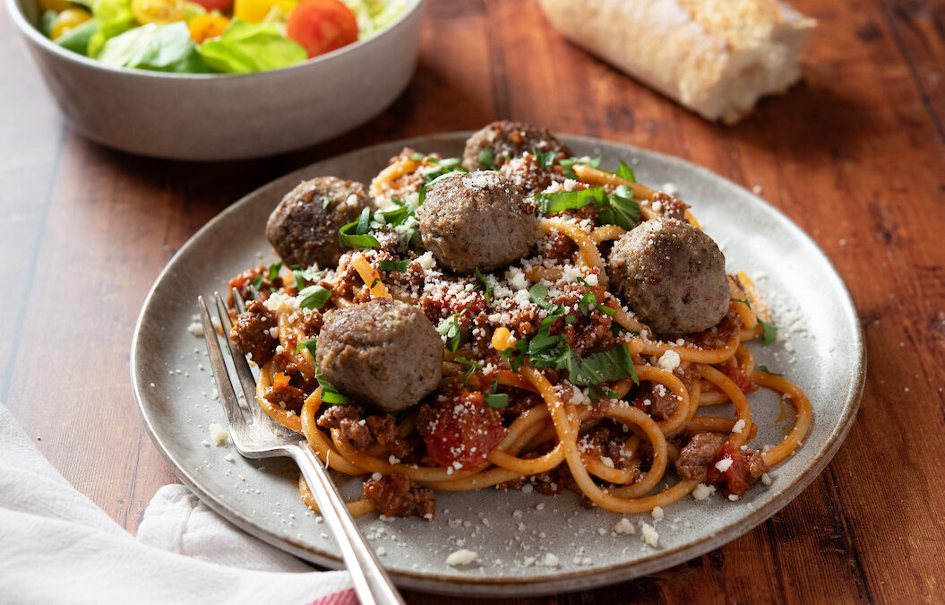 Spaghetti with Italian Meatballs & Grass-Fed Beef Sauce