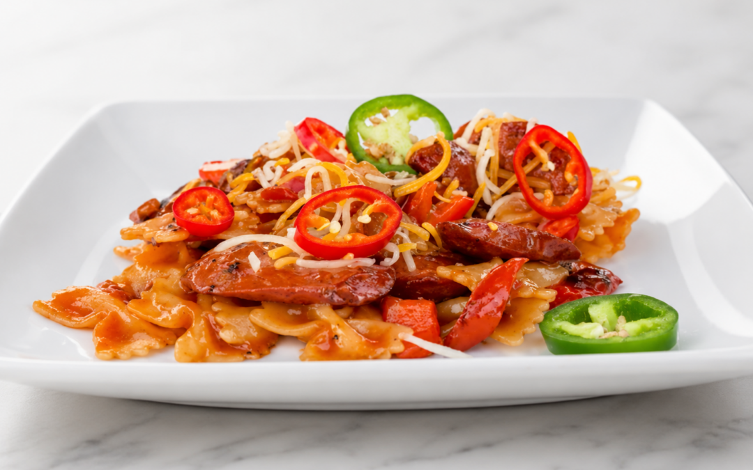 Cheesy BBQ Jalapeno Cheddar Brat Pasta